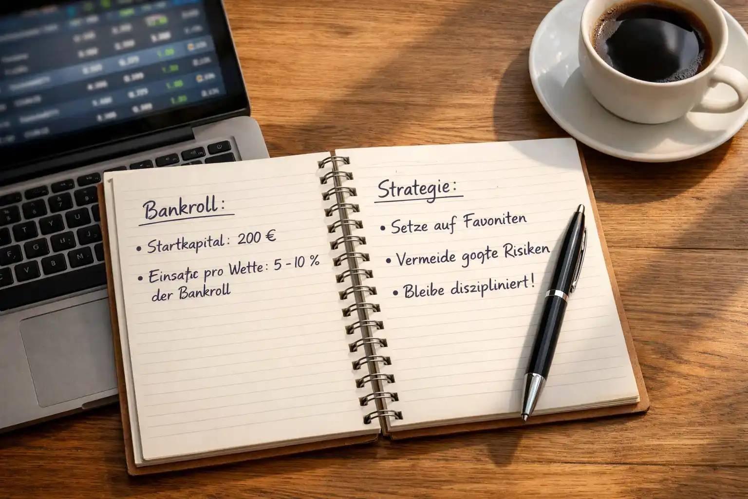 Notizbuch mit Wettstrategie und Bankroll-Management-Plan neben einem geöffneten Laptop mit Quoten
